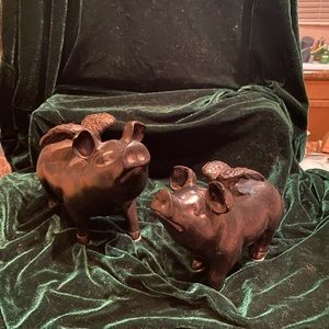 When Pigs Fly wooden sculptures (set of 2). Bronze vintage look